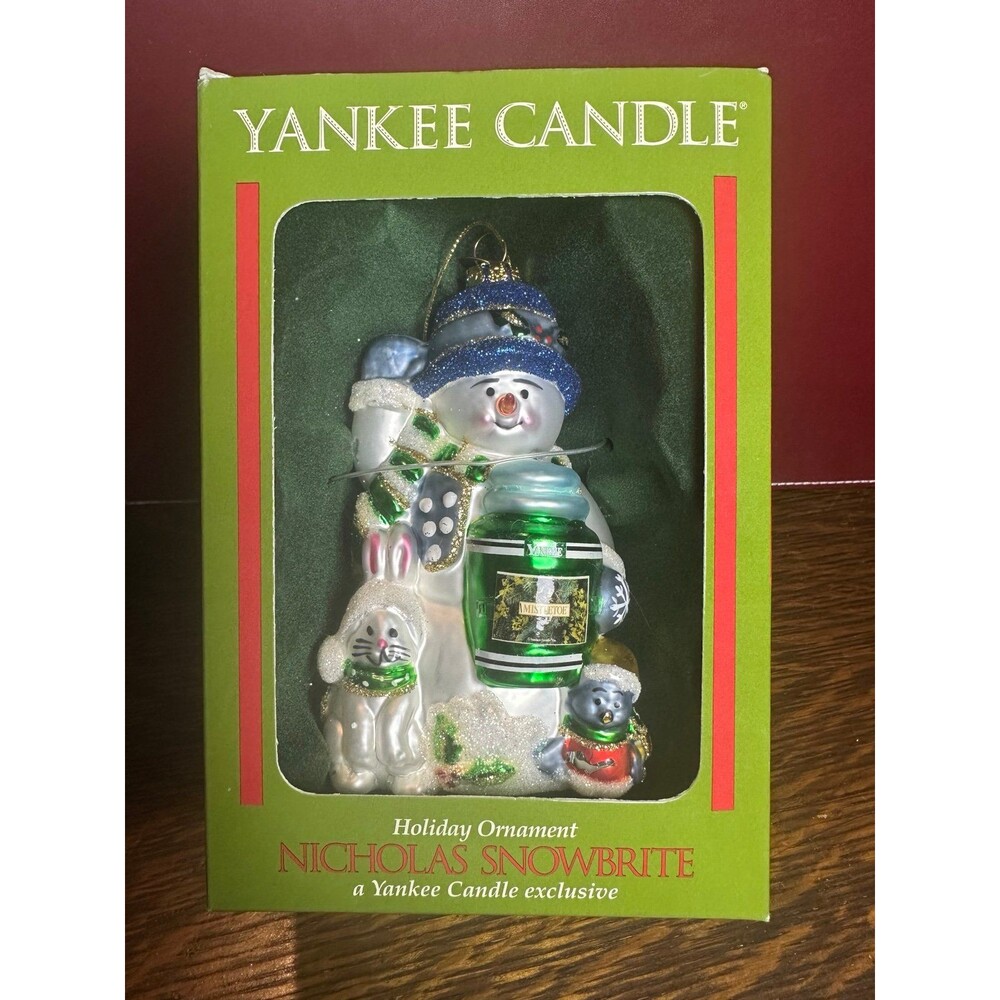 Yankee Candle Nicholas Snowbrite Glass Holiday Ornament Snowman Mistletoe NIB